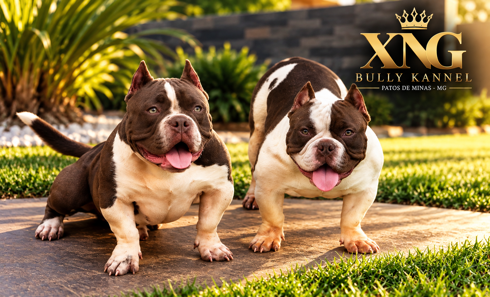 Dupla de cães American Bully Chocolate e Branco