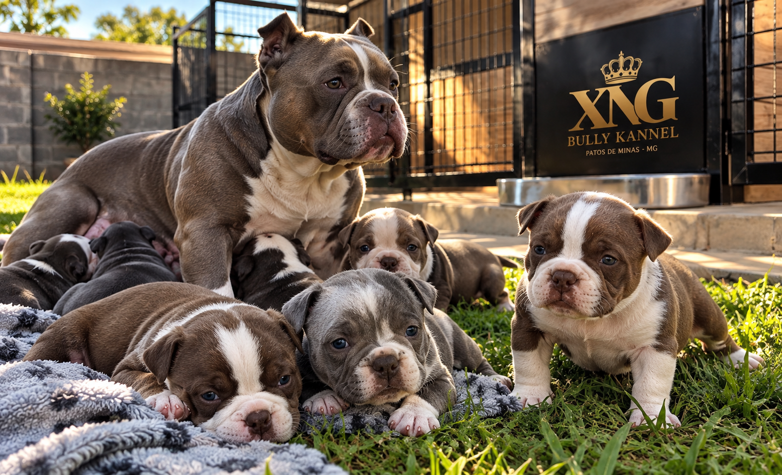Matriz American Bully com seus filhotes na grama